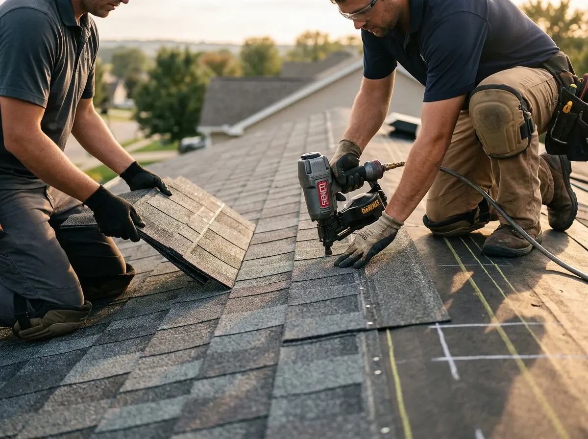 Professional roofer working on a residential roof in Rockdale